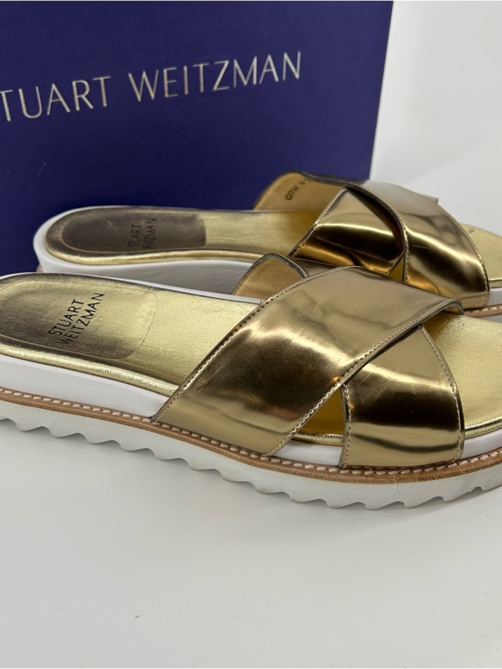 Stuart Weitzman Metallic Gold Crisscross Slide Mules - Picture 2 of 7